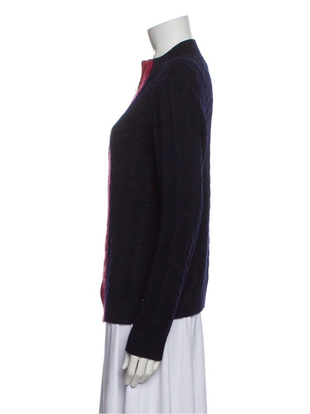 St. John Mock Neck Navy Cable Knit Zip Cardigan with Red Panel - Size Small - Picture 6 of 11